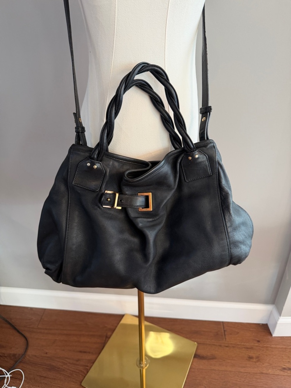 AUTHENTIC CHLOE Classic Black Leather Shoulder Bag with Braided Handles
